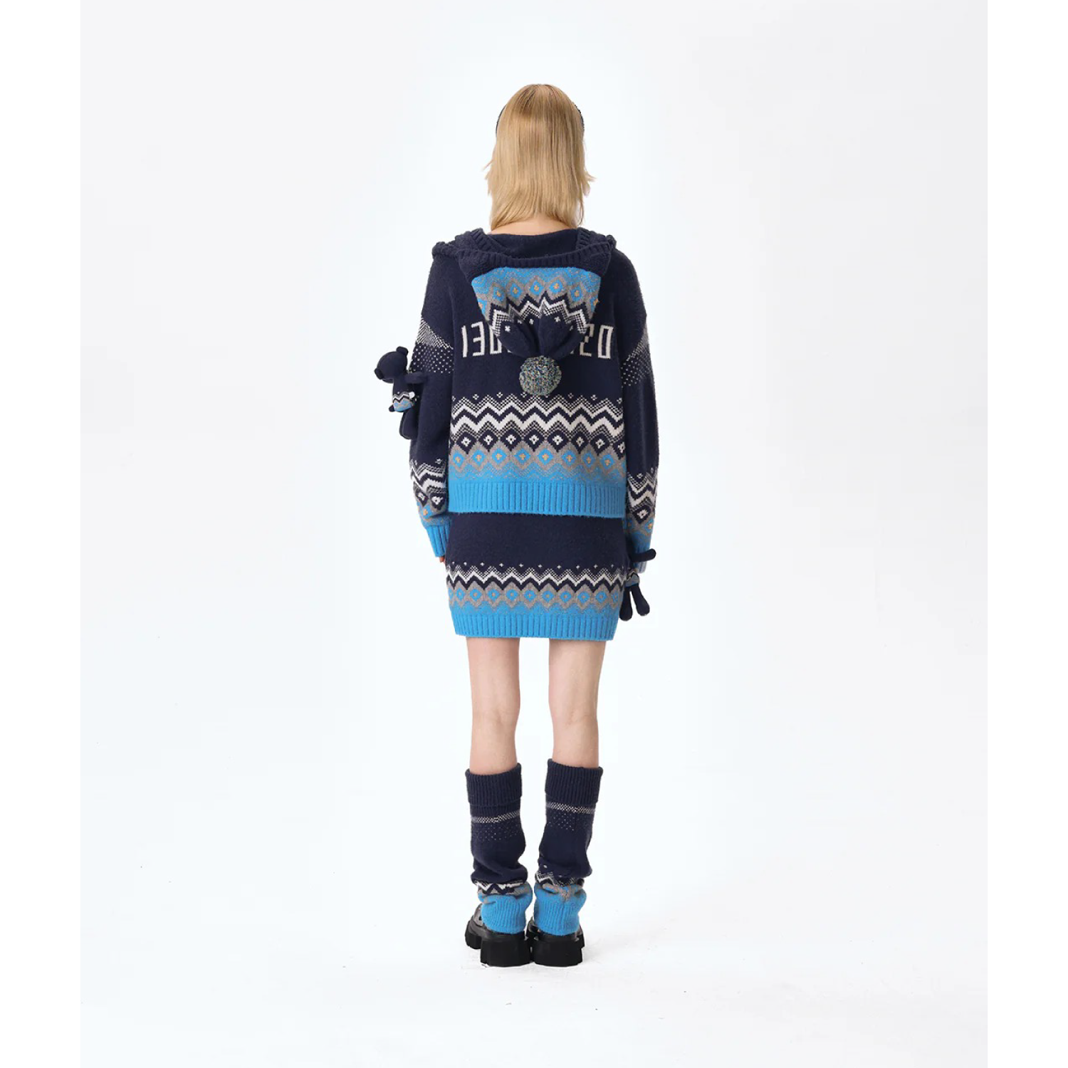 13DE MARZO Fair Isle Bear Cardigan Navy Blue - Image 4