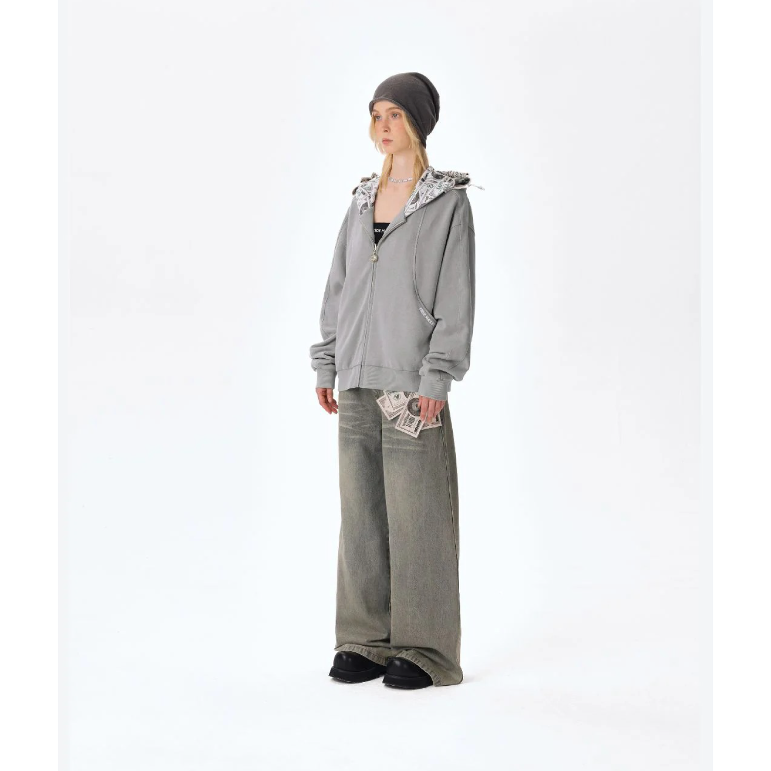 13DE MARZO Bear Cash Zipper Hoodie Grey - Image 3