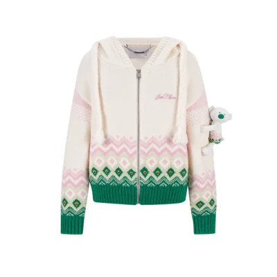 13DE MARZO Fair Isle Bear Cardigan Beige