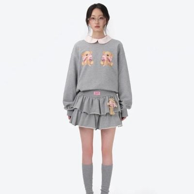 13DE MARZO x RONRON Double Ribbon Bear Sweater Grey