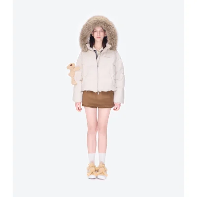 13DE MARZO Bear Fuzzy Hood Down Jacket Almond