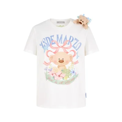 13DE MARZO Floral Bear Illustration T-Shirt White