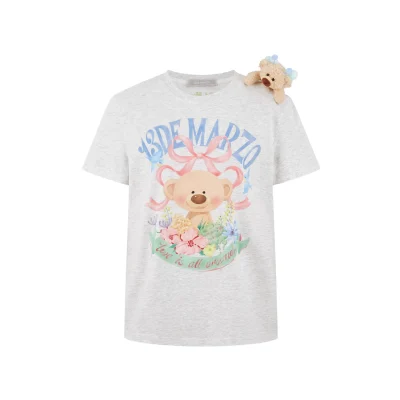 13DE MARZO Floral Bear Illustration T-Shirt Grey
