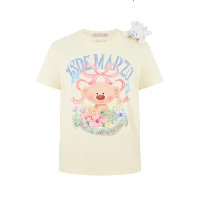 13DE MARZO Floral Bear Illustration T-Shirt Yellow