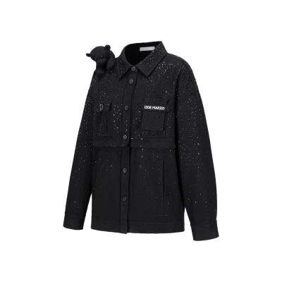 13DE MARZO All-Over Faux Rhinestone Shirt Jacket Black