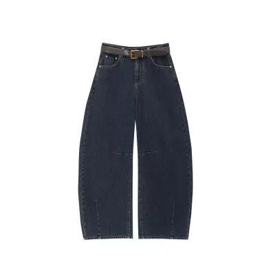 AVVENN Belted Dark Wash Wide-Leg Jeans Navy Blue