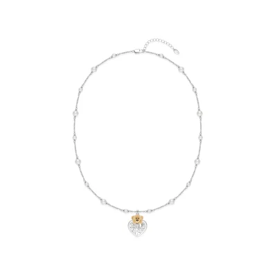 13DE MARZO Bear Heart Pearl Long Necklace Silver