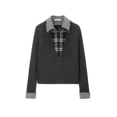 AVVENN Mock Layered Plaid Collar Knit Top Dark Grey
