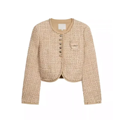 REVAN Beige Tweed Cropped Jacket with Raw Hem