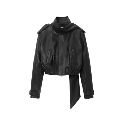 REVAN Cropped Moto Jacket with Buckle Detail Black