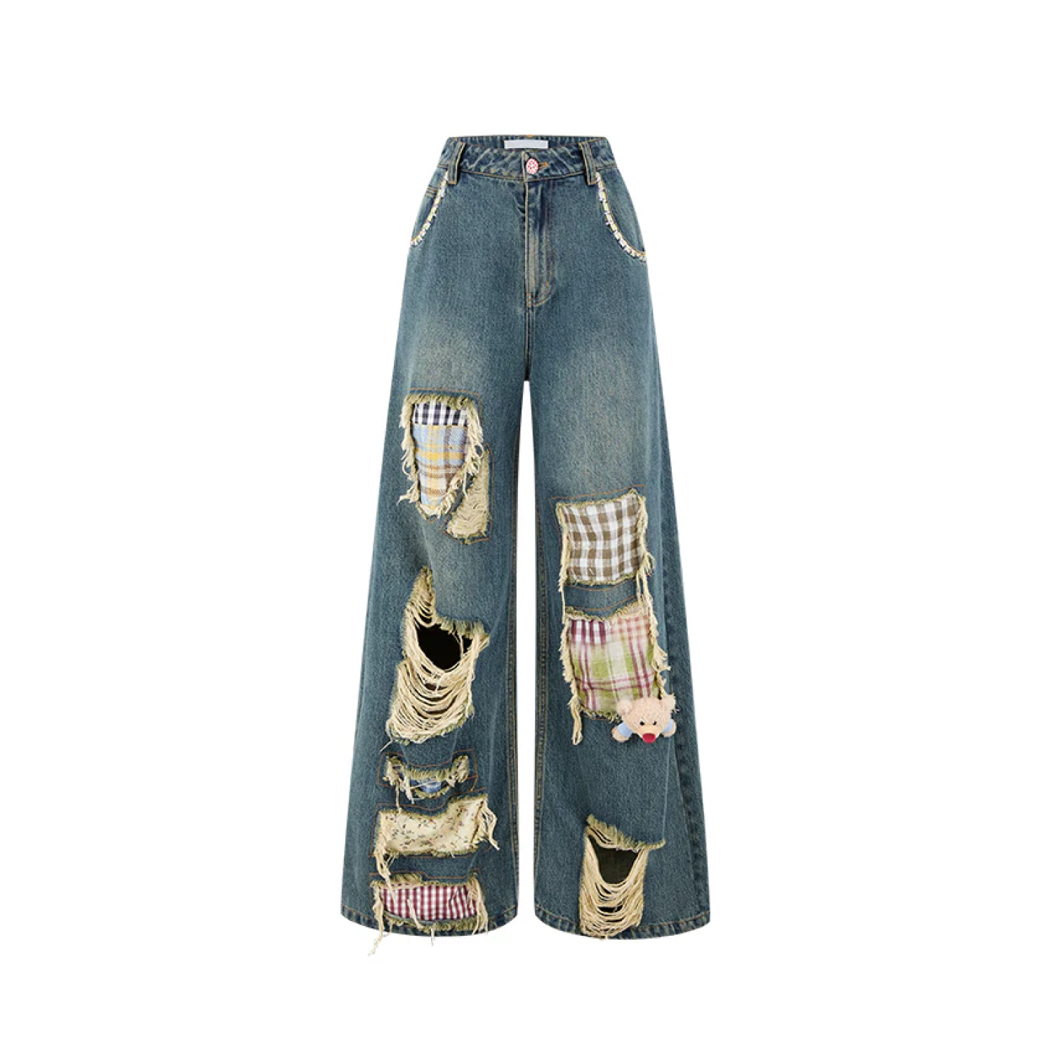 13DE MARZO Ripped Check Wide-Leg Trousers Blue