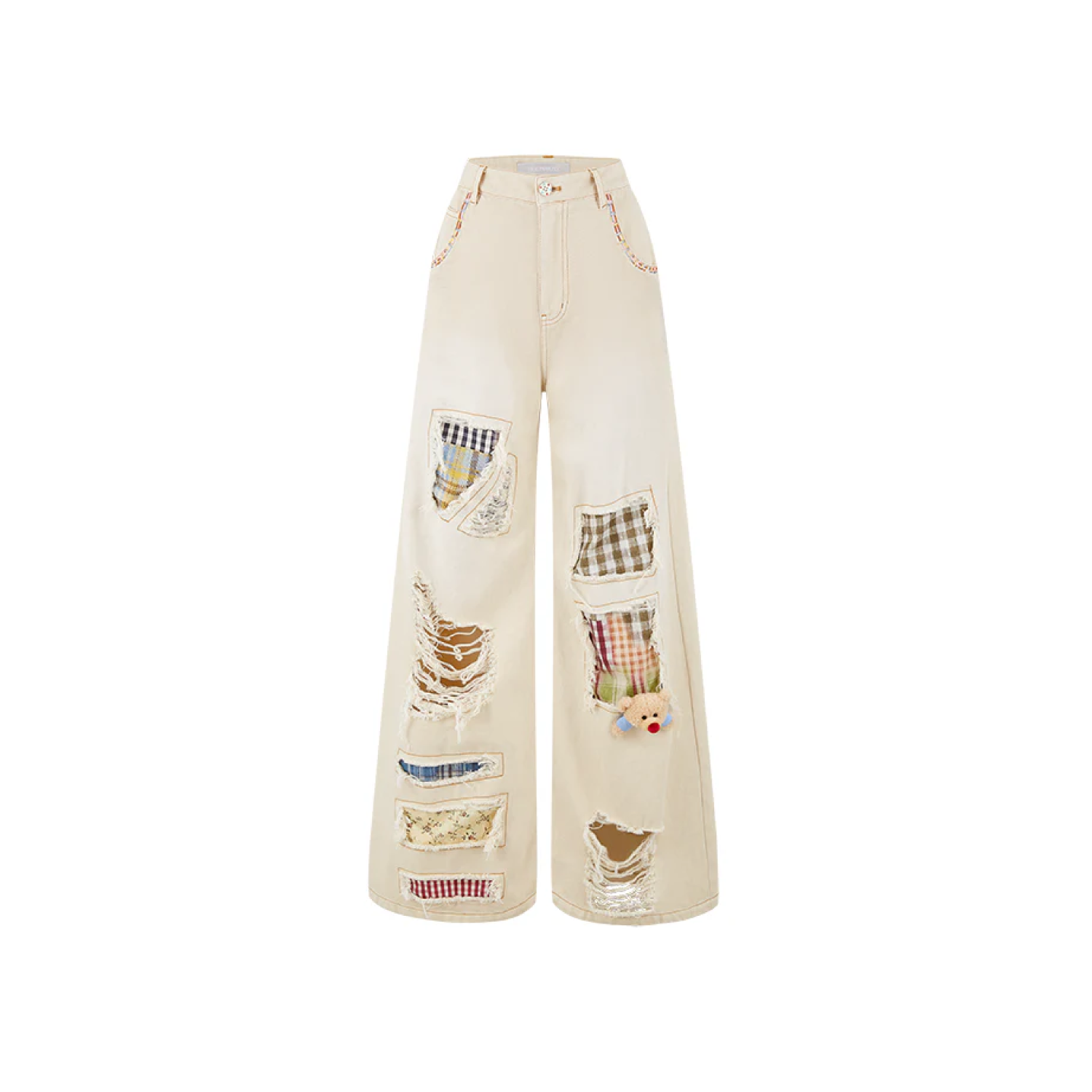 13DE MARZO Ripped Check Wide-Leg Trousers Beige