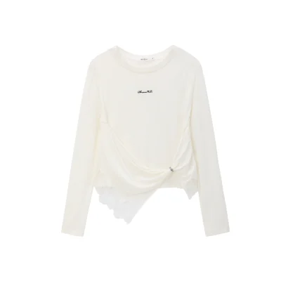 AVVENN Asymmetric Lace Trim Slim Top Beige