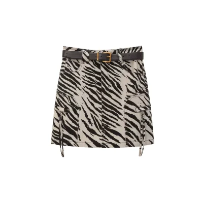 AVVENN Zebra Print Ruched Denim Mini Skirt