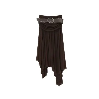 AVVENN Studded Belt Asymmetric Knit Skirt Chocolate