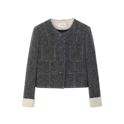 AVVENN Contrast Cuff Tweed Jacket Navy Blue