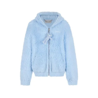 13DE MARZO Faux Mink Fur Zip Jacket Blue