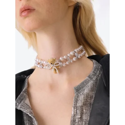 13DE MARZO Bear Pearl Bow Choker Silver