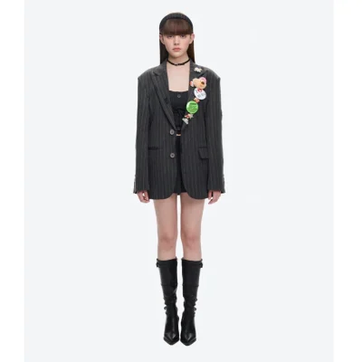 13DE MARZO Badge Striped Vintage Blazer Dark Grey