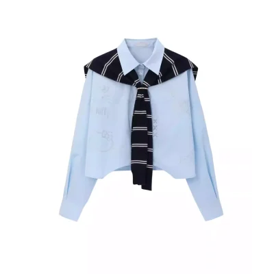 REVAN x Hello Kitty Cropped Blue Shirt with Contrast Black Collar