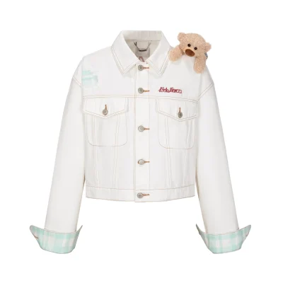 13DE MARZO Plaid Cuffed Sleeve Denim Jacket White