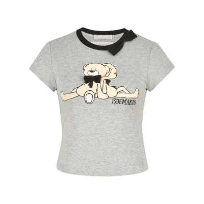 13DE MARZO Doozoo Ribbon Collar Slim Top Grey