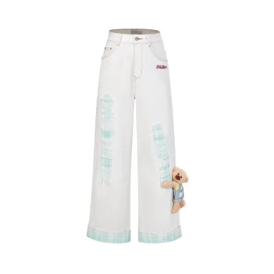 13DE MARZO Plaid Cuffed Sleeve Denim Pants White