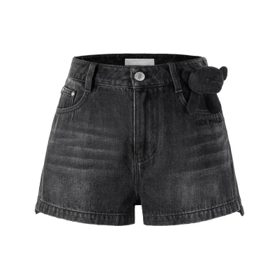 13DE MARZO Denim Frayed Embroidered Shorts Black