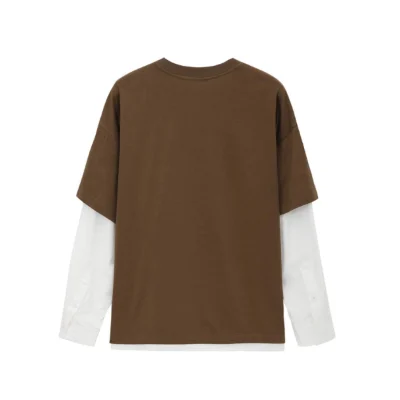 REVAN Layered Long Sleeve Tee with Dog Embroidery Print Brown