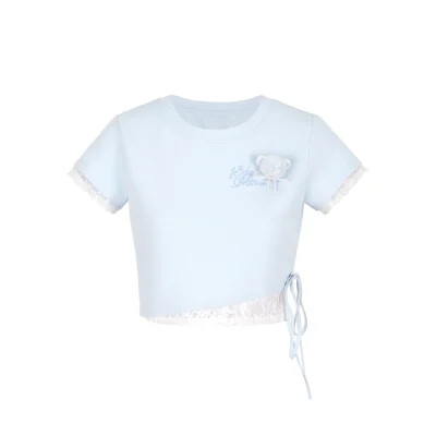 13DE MARZO Bear Lacy Tight Short Top Blue