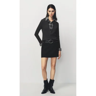 AVVENN Mock Layered Plaid Collar Knit Top Dark Grey