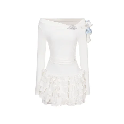 13DE MARZO Off-Shoulder Tiered Dress White