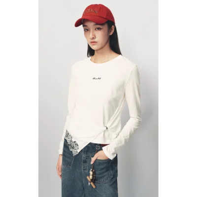 AVVENN Asymmetric Lace Trim Slim Top Beige