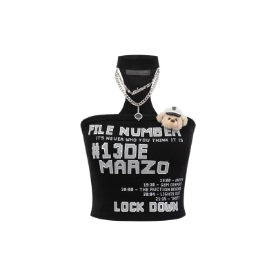 13DE MARZO Silver Foil Chain Print Bustier Top Black