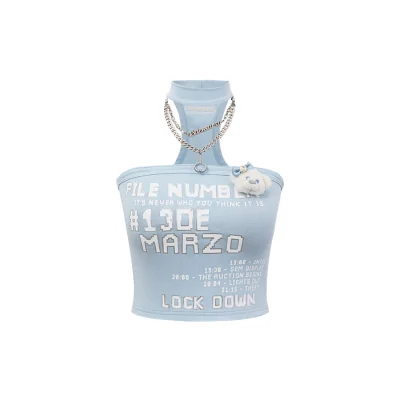 13DE MARZO Silver Foil Chain Print Bustier Top Blue