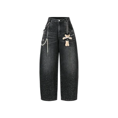 13DE MARZO Faux Rhinestones Pearl Chains Jeans Black