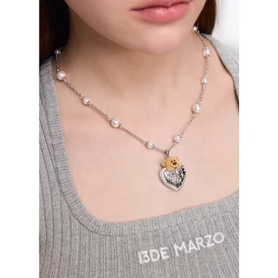 13DE MARZO Bear Heart Pearl Long Necklace Silver