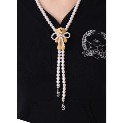 13DE MARZO Bear Pearl Bow Necklace Silver