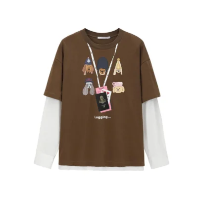REVAN Layered Long Sleeve Tee with Dog Embroidery Print Brown