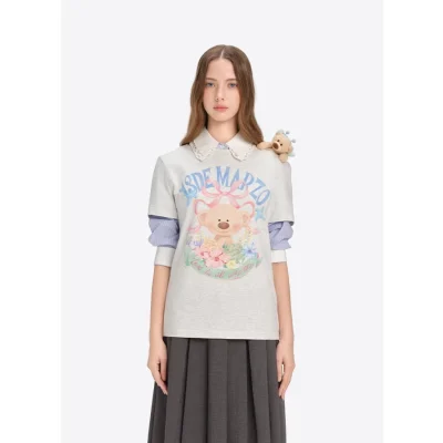 13DE MARZO Floral Bear Illustration T-Shirt Grey