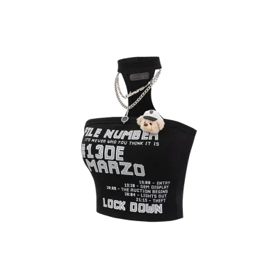 13DE MARZO Silver Foil Chain Print Bustier Top Black