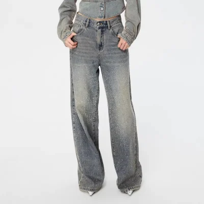 REVAN Rhinestone Vintage Fade Wide-Leg Jeans