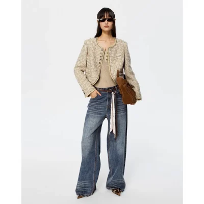 REVAN Beige Tweed Cropped Jacket with Raw Hem