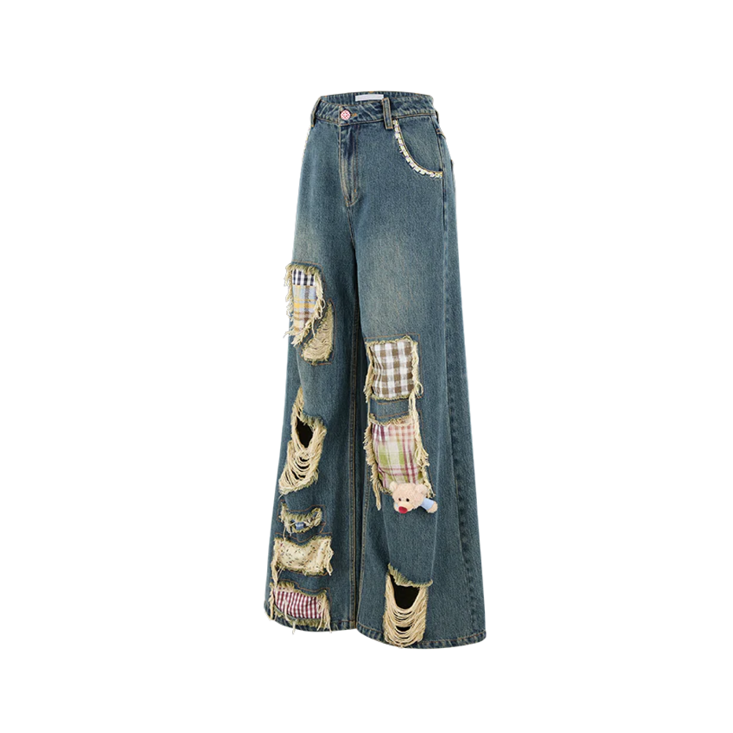 13DE MARZO Ripped Check Wide-Leg Trousers Blue - Image 2