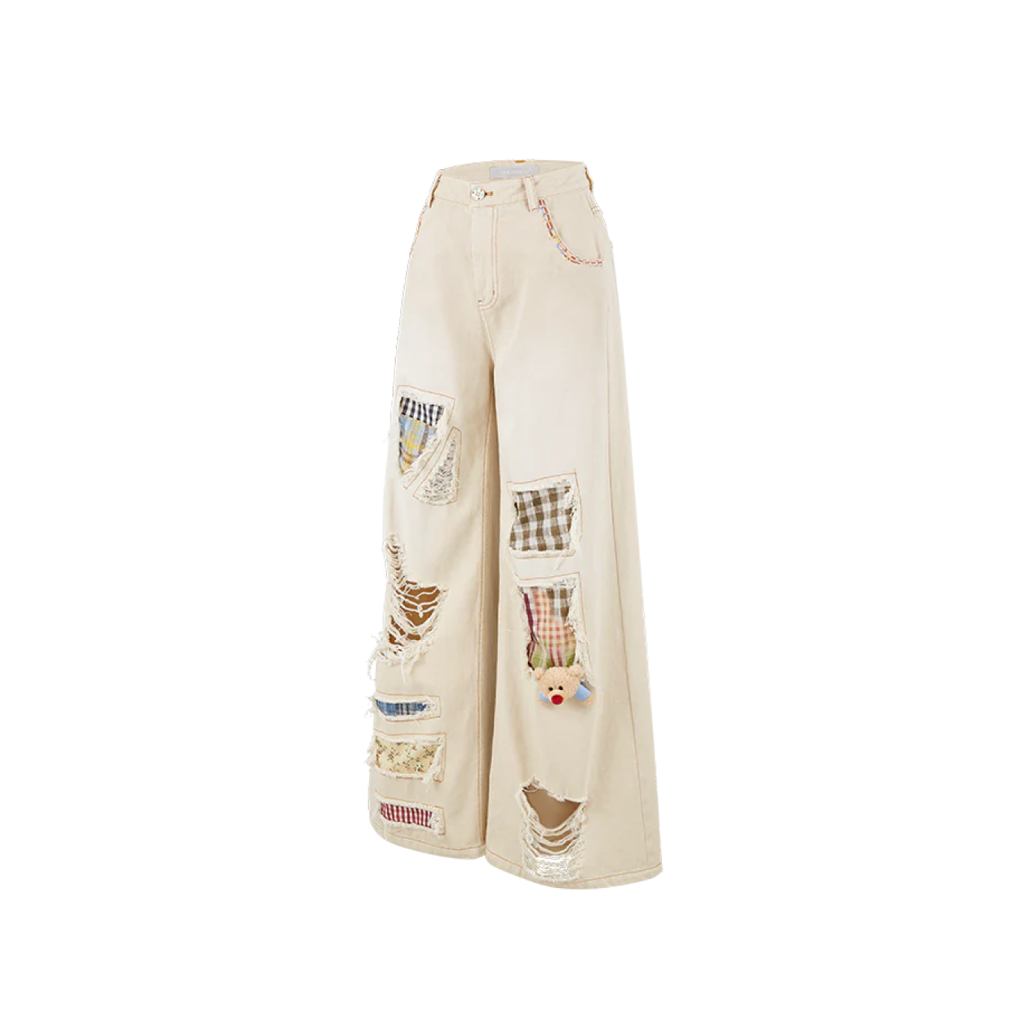 13DE MARZO Ripped Check Wide-Leg Trousers Beige front view