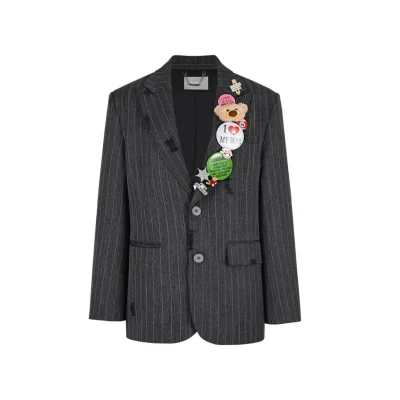 13DE MARZO Badge Striped Vintage Blazer Dark Grey