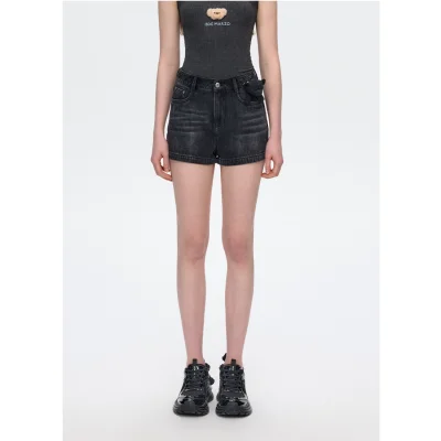 13DE MARZO Denim Frayed Embroidered Shorts Black