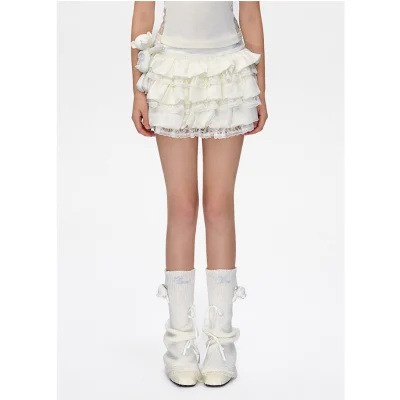 13DE MARZO Bear Lacy Bud Skirt White