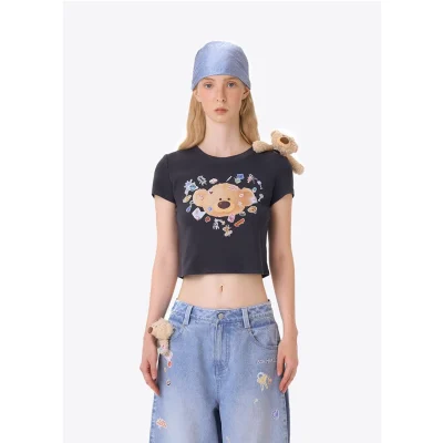 13DE MARZO Bear Stickers Top Dark Grey