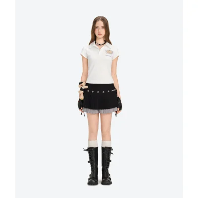 13DE MARZO Faux Rhinestones Fitted Polo Shirt White